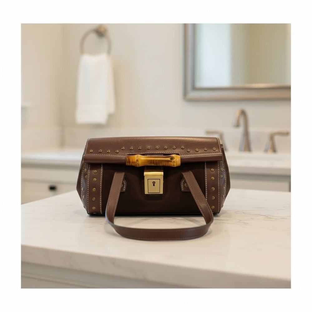 Brown Faux Suede Baguette Handbag with Gold Studs and Bamboo